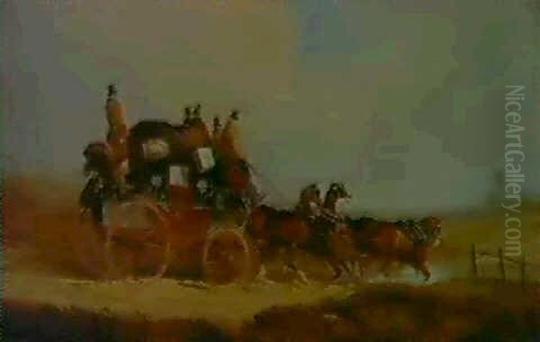 The Louth To London Mail Coach;                             The Royal Mail Changing Teams Oil Painting by Charles Cooper Henderson