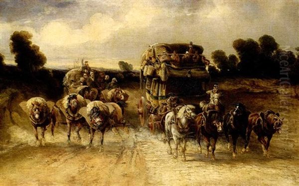 A French Diligence Passing A Farm Wagon Oil Painting by Charles Cooper Henderson