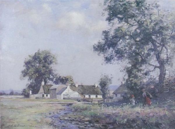 Summer At The Farm, With Children Playing By A Brook Oil Painting by John Henderson