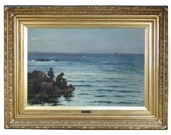 Two Boys Fishing On The Sea Shore Oil Painting by Joseph Henderson