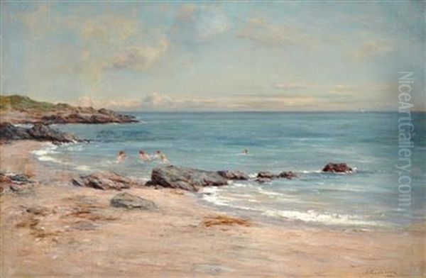 Swimming In A Rocky Cove Oil Painting by Joseph Henderson