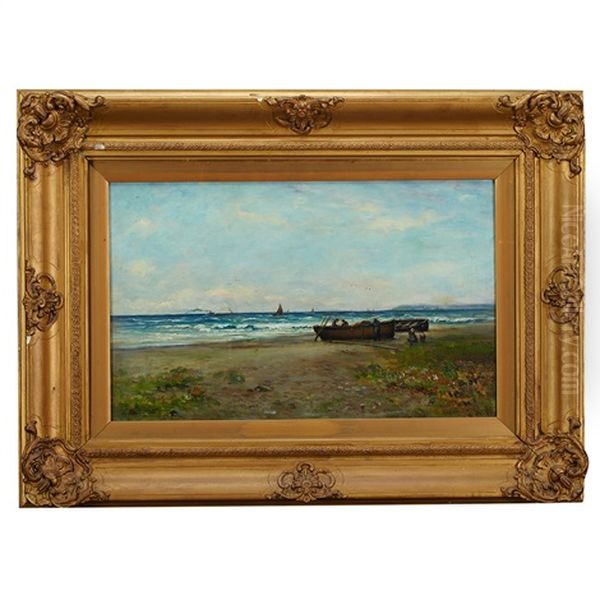 Beach Scene With Figures Tending Fishing Boats Oil Painting by Joseph Henderson