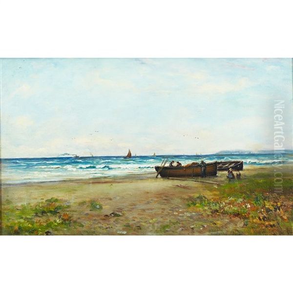 Beach Scene With Figures Tending Fishing Boats Oil Painting by Joseph Henderson