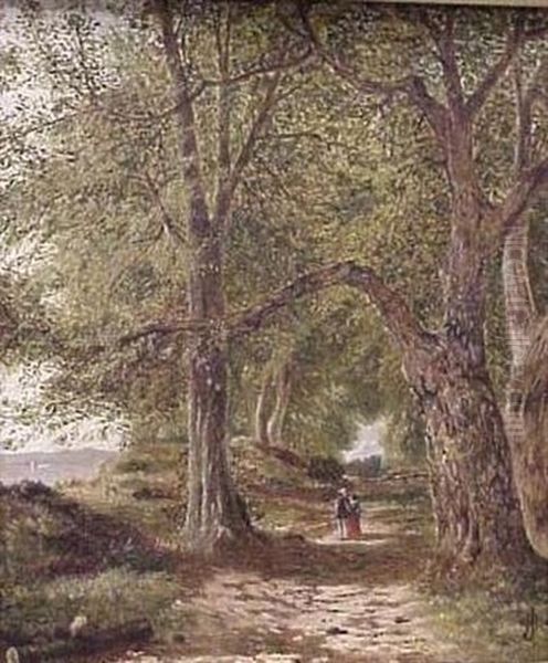 A Couple Strolling A Wooded Lane With Water And Mountains In Background Oil Painting by Joseph Henderson