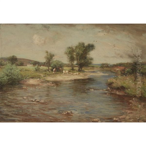 River Landscape With Calves Oil Painting by Joseph Morris Henderson