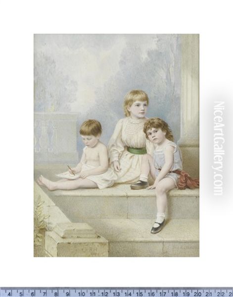 Three Children Seated Before A Column On A Stone Veranda (cracked) Oil Painting by Robert Henderson