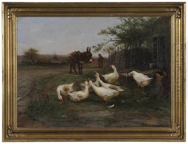 Geese And A Donkey Oil Painting by William Henderson