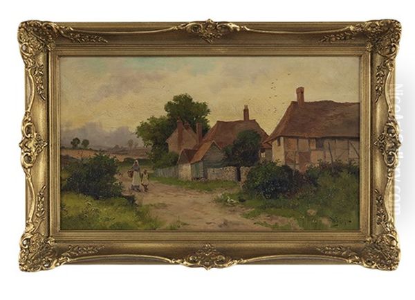 Mother And Child Walking On Path Near Cottages Oil Painting by William Henderson