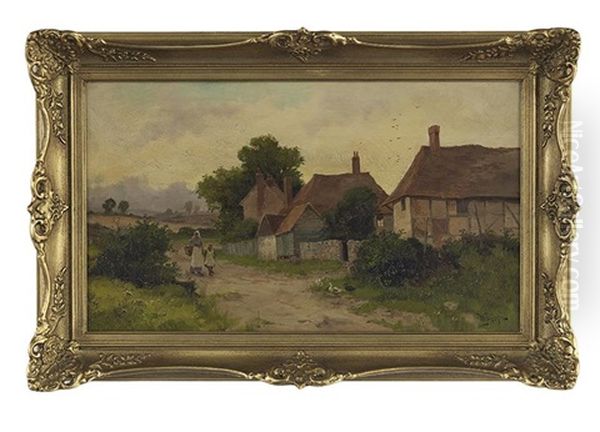 Mother And Child Walking On Path Near Cottages Oil Painting by William Penhallow Henderson