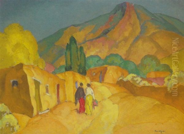 Figures And Adobes Oil Painting by William Penhallow Henderson