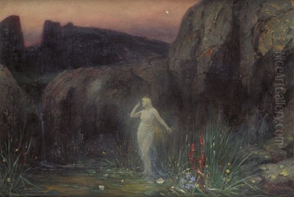 Die Nymphe Echo An Einem Seerosenteich In Der Dammerung Oil Painting by Hermann Hendrich