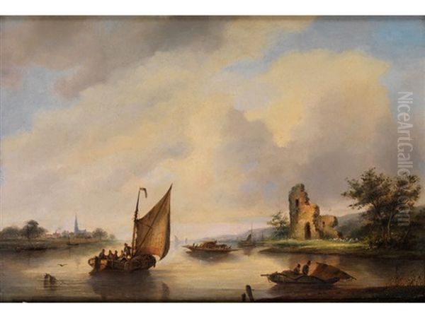 Flusslandschaft Mit Schiffen Und Ruine Oil Painting by Frederik Hendrik Hendriks