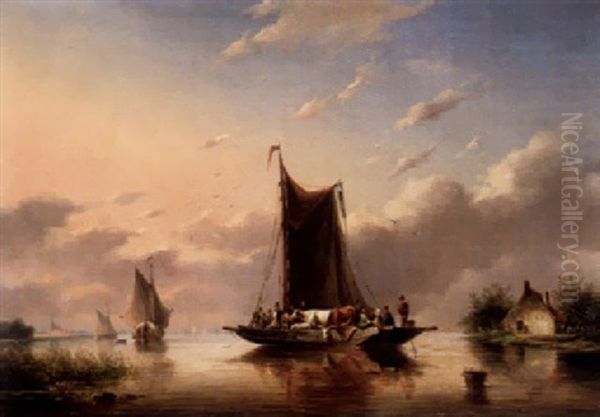 Fahrboot Mit Kuhen Auf Einem Hollandischen Kanal Oil Painting by Frederik Hendrik Hendriks