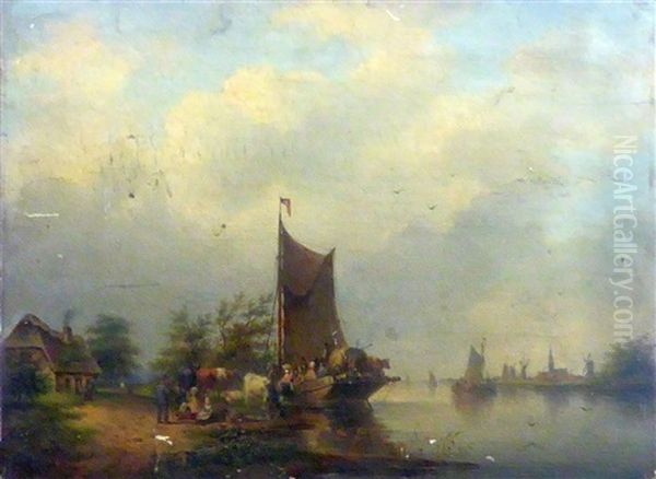 A River Landscape With A Laden Ferry Boat, Other Figures And Cattle, An Inn To The Left And A Village With Church Spire To The Right Oil Painting by Gerardus Hendriks