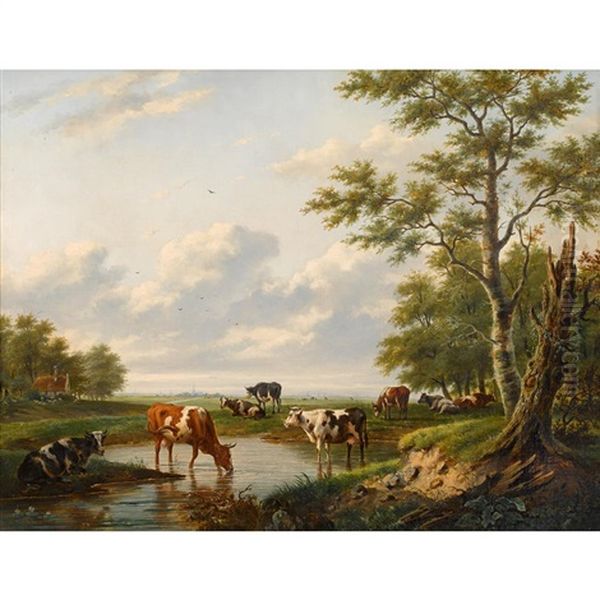 Cows In Landscape Oil Painting by Gerardus Hendriks