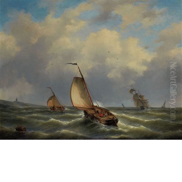 A Ship And Smaller Vessels In Open Water Oil Painting by Gerardus Hendriks