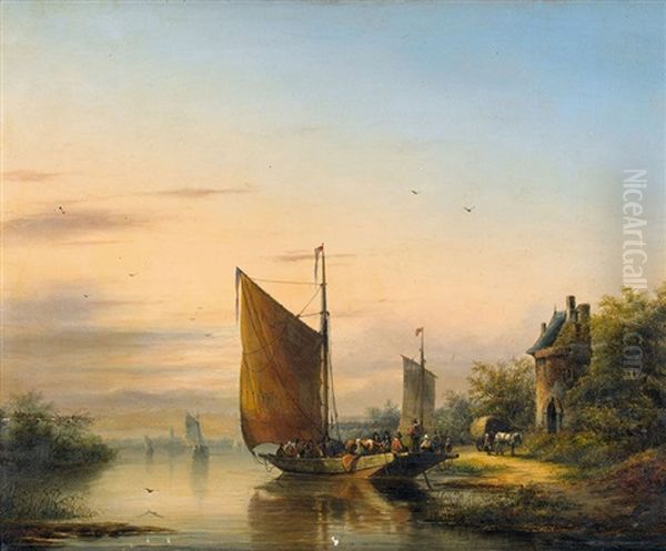 Abendstimmung Mit Flussfahre Oil Painting by Gerardus Hendriks