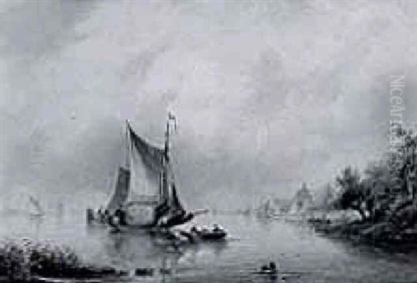 Dutch Sailing Vessels In An Estuary Oil Painting by Gerardus Hendriks