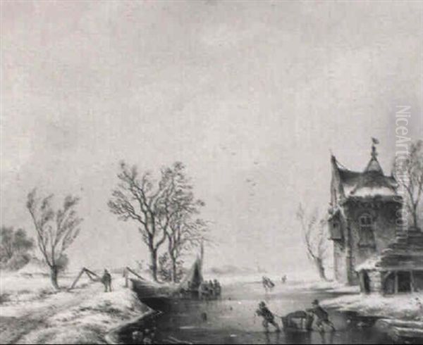 Figures With A Sled And Skaters Before A House On A Frozen River Oil Painting by Gerardus Hendriks