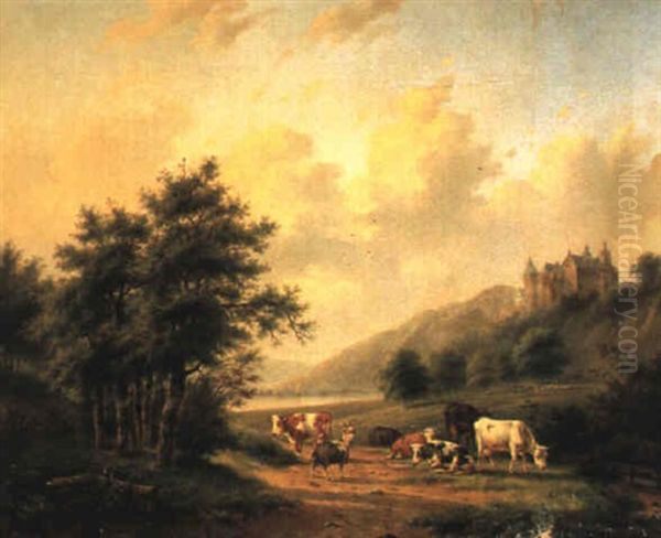 Vaches Dans Un Paysage Avec Chateau Oil Painting by Gerardus Hendriks