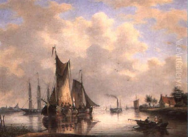 Dutch Sailing Vessels In An Estuary Oil Painting by Gerardus Hendriks