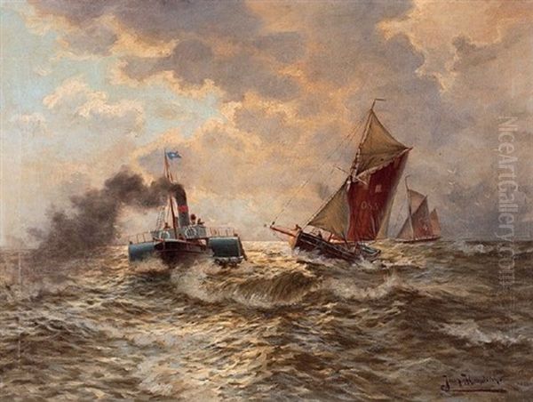 Dampfer Und Fischerboote In Durchbrechendem Sonnenschein Oil Painting by Johan Diedrich (Jean) Hendriks