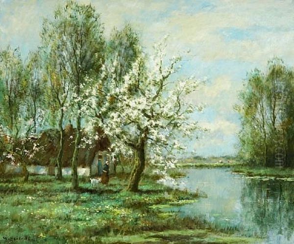 Amongst Blossoming Trees Along The River Oil Painting by Willem Hendriks