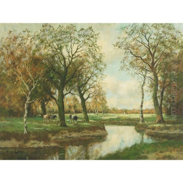 Cattle Grazing In A Spring Landscape Oil Painting by Willem Hendriks