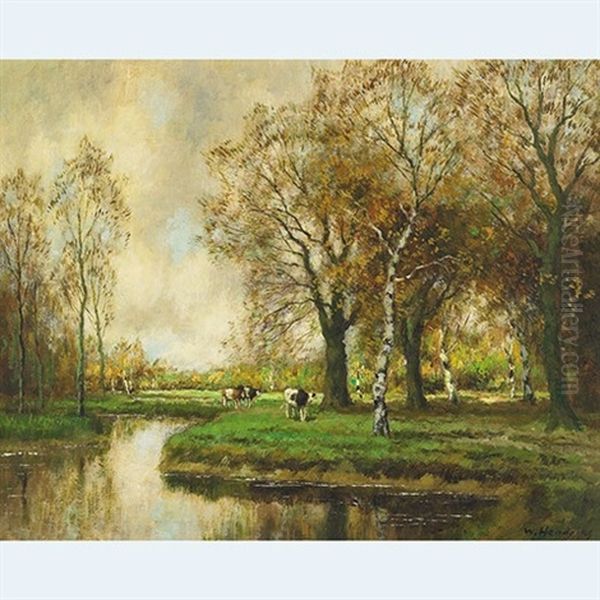 Cattle In Wooden River Landscape, Autumn Oil Painting by Willem Hendriks