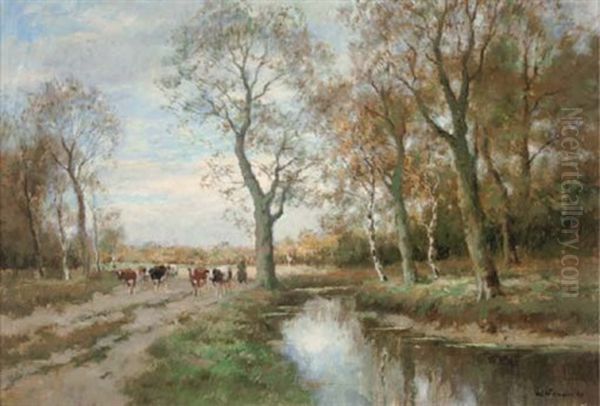 Cattle And Drover On A Woodland Track Oil Painting by Willem Hendriks