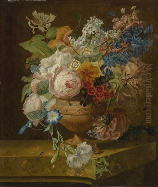 A Still Life Of Roses, Peonies, Morning Glories, A Carnation, And Other Flowers, In A Decorative Vase, On A Ledge, With A Fly And A Snail Oil Painting by Wybrand Hendriks