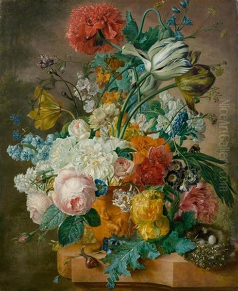 A Floral Still Life With A Bird's Nest Oil Painting by Wybrand Hendriks