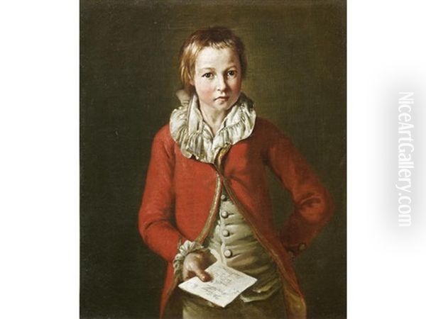 Portrait Of A Boy, Three-quarter-length, In A Red Coat, Holding A Letter (+ And Portrait Of A Young Girl, Three-quarter-length, In A Gold Dress With A Blue Sash, Holding A Box With A Small Letter; Pair) Oil Painting by Wybrand Hendriks