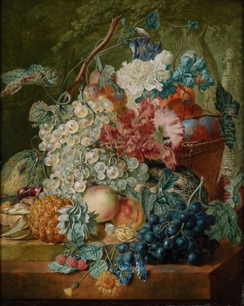 Stillleben Von Weintrauben, Pfirsichen, Ananas Und Blumen Auf Zwei Steinplatten Und In Einem Korb Oil Painting by Wybrand Hendriks