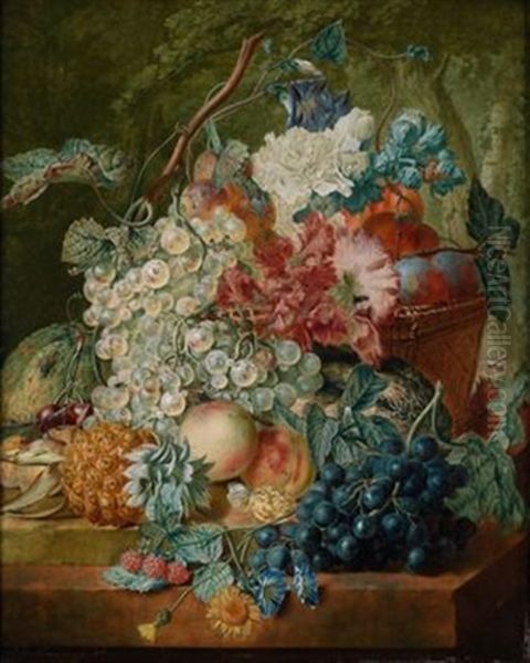 Stillleben Von Weintrauben, Pfirsichen, Ananas Und Blumen Auf Zwei Steinplatten Und In Einem Korb Oil Painting by Wybrand Hendriks