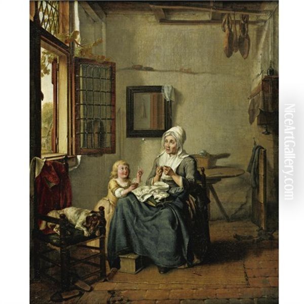 Interior With A Woman And Child Sewing By An Open Window, A Dog Asleep In A Chair Oil Painting by Wybrand Hendriks