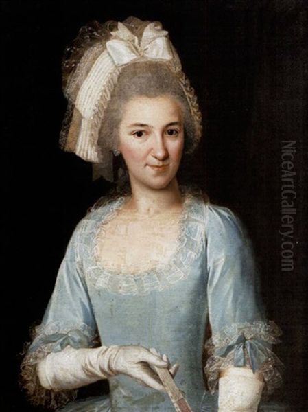 Portrait Of A Lady In A Turquoise, Lace-edged Dress And White Gloves, Holding A Fan Oil Painting by Wybrand Hendriks