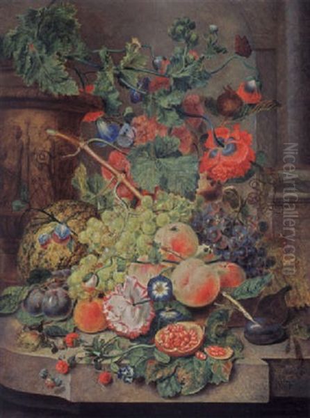 A Still Life With Grapes, Peaches, Prunes, A Melon, A Pomegranate, Raspberries, Together With Morning Glory And Other Flowers And Insects On A Marble Ledge Oil Painting by Wybrand Hendriks