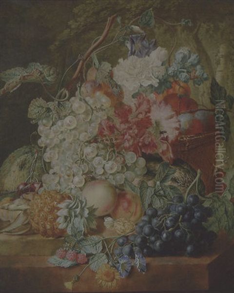 Grapes On The Vine, Peaches And Plums In A Basket, A Pineapple And Other Fruit, With Morning Glory And Other Flowers, A Butterfly On A Walnut, All On A Stone Ledge Oil Painting by Wybrand Hendriks