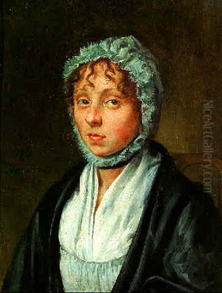 Portrait Of A Young Woman Seated, Wearing White Chemise, Dark Grey Wrap And Lace Bonnet Oil Painting by Wybrand Hendriks