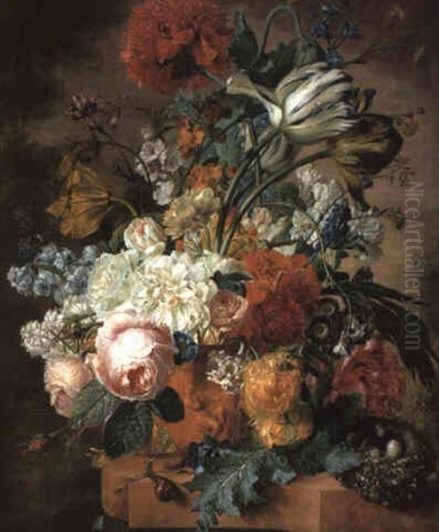 Tulips And Other Flowers With Insects In A Sculpted Urn On A Stone Ledge Oil Painting by Wybrand Hendriks