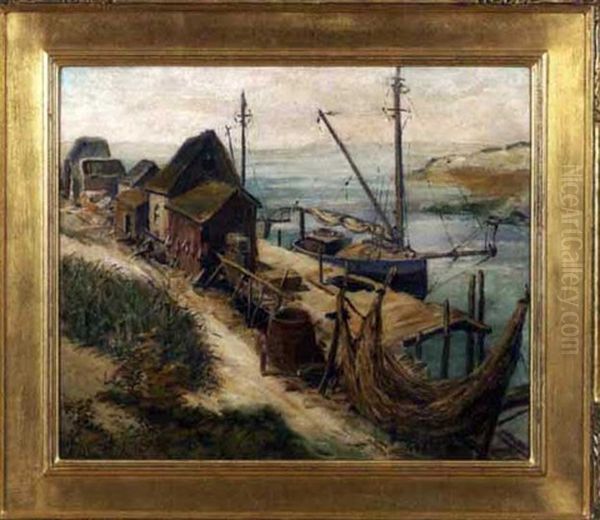 Coastal Scene With Fishing Shanties, Dock And Boats Oil Painting by Frank Hendry