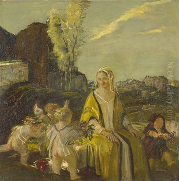 Vor Einer Landschaft Sitzende Frau, Die Von Putten Mit Blumen Beschenkt Wird by Adolf Hengeler