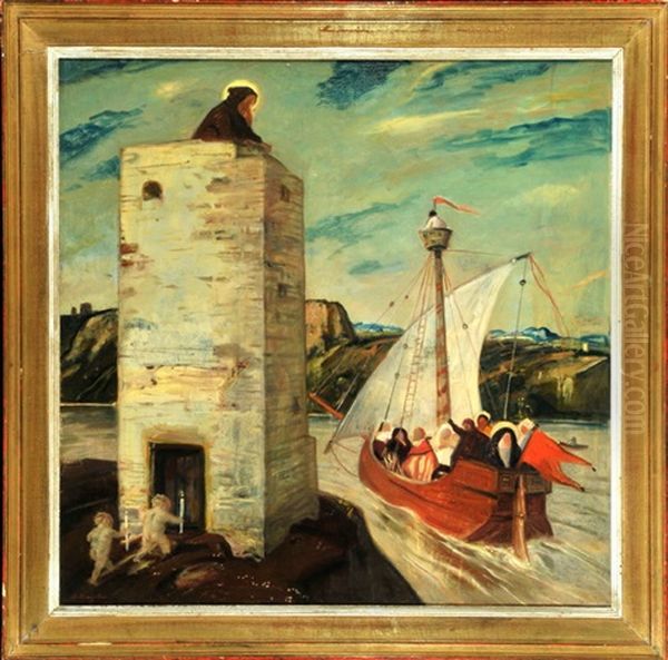 Monch Auf Wachturm Am Flussufer Mit Vorbeifahrendem Segelschiff Oil Painting by Adolf Hengeler