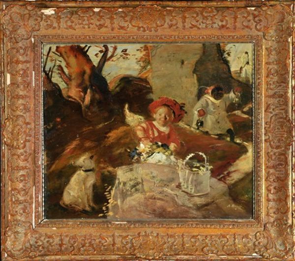 Putto Beim Blumenpflucken Mit Hund Und Nachtwachter In Felsiger Landschaft Oil Painting by Adolf Hengeler