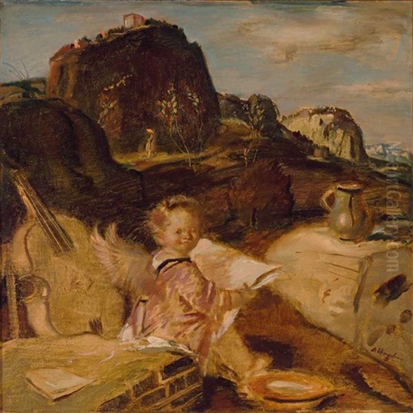 Allgauer Landschaft Mit Geflugeltem Engel, Cello Und Krug Oil Painting by Adolf Hengeler