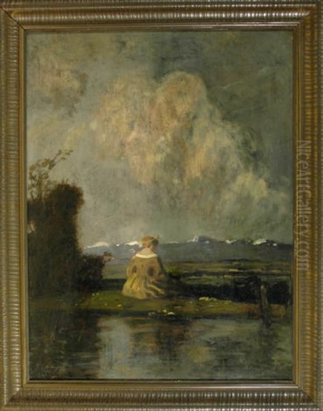 Sitzende Frau Am Teich Mit Blick In Eine Voralpenlandschaft Oil Painting by Adolf Hengeler