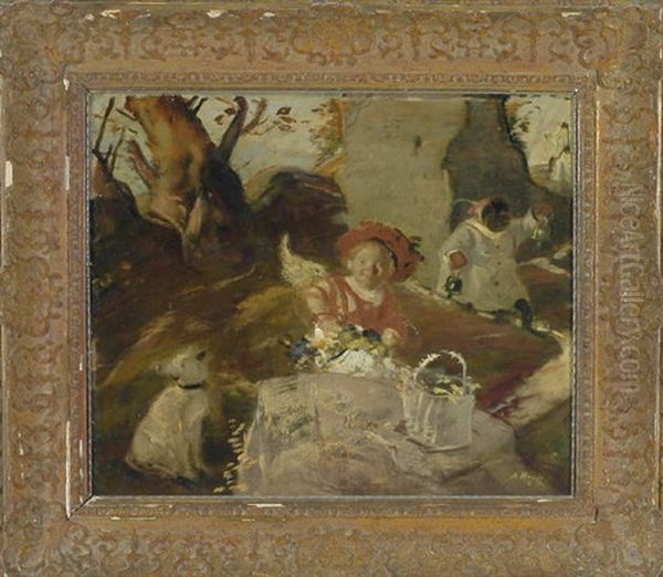 Putto Beim Blumenpflucken Mit Hund Und Nachtwachter In Felsiger Landschaft by Adolf Hengeler