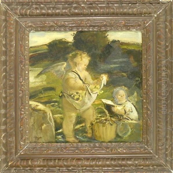 Blumen Sammelnder Putto Und Lesender Putto Auf Einer Wiese Oil Painting by Adolf Hengeler