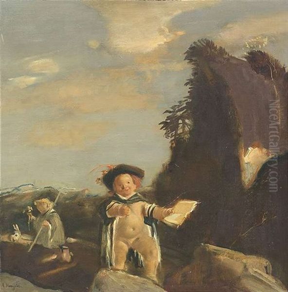 Ostern. Ein Putto Mit Umhang Und Federbarett Prasentiert Ein Buch, Im Hintergrund Eine Figur Im Chorgewand Mit Hirtenstab, Blumen Und Einem Hasen Oil Painting by Adolf Hengeler